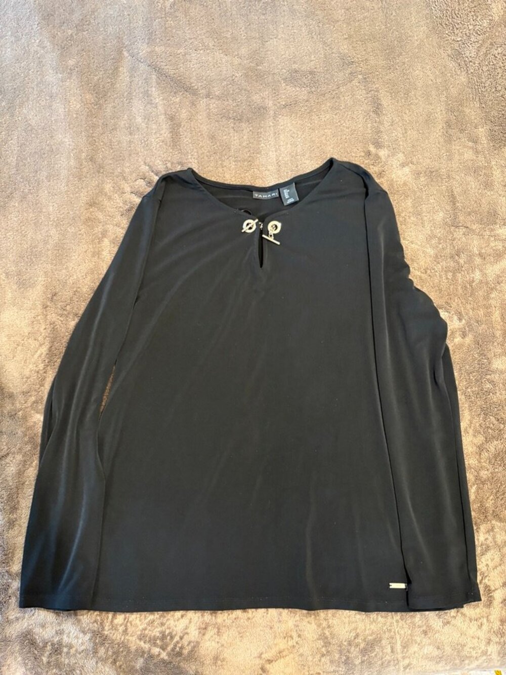 Tahari Black Keyhole Toggle Neck Long Sleeve Blouse Top Size Large